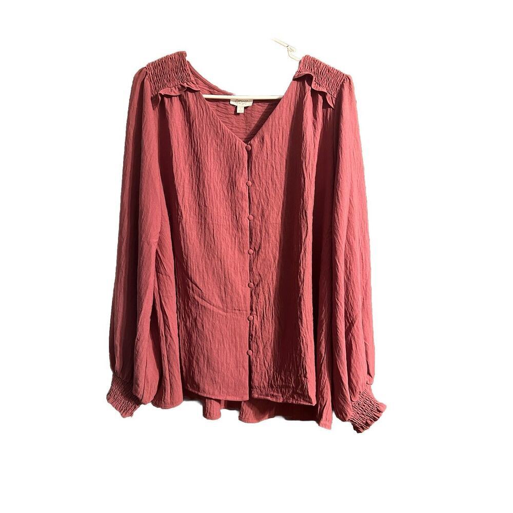 ODDY V-neck blouse Sz Large Button Down Flowy Long Sleeve Boho Light Mauve Pink